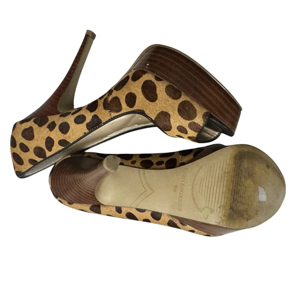 Enzo Angiolini Leopard Calf Hair Platform Peep Toe Heels Brown Tan Size‎ 6M